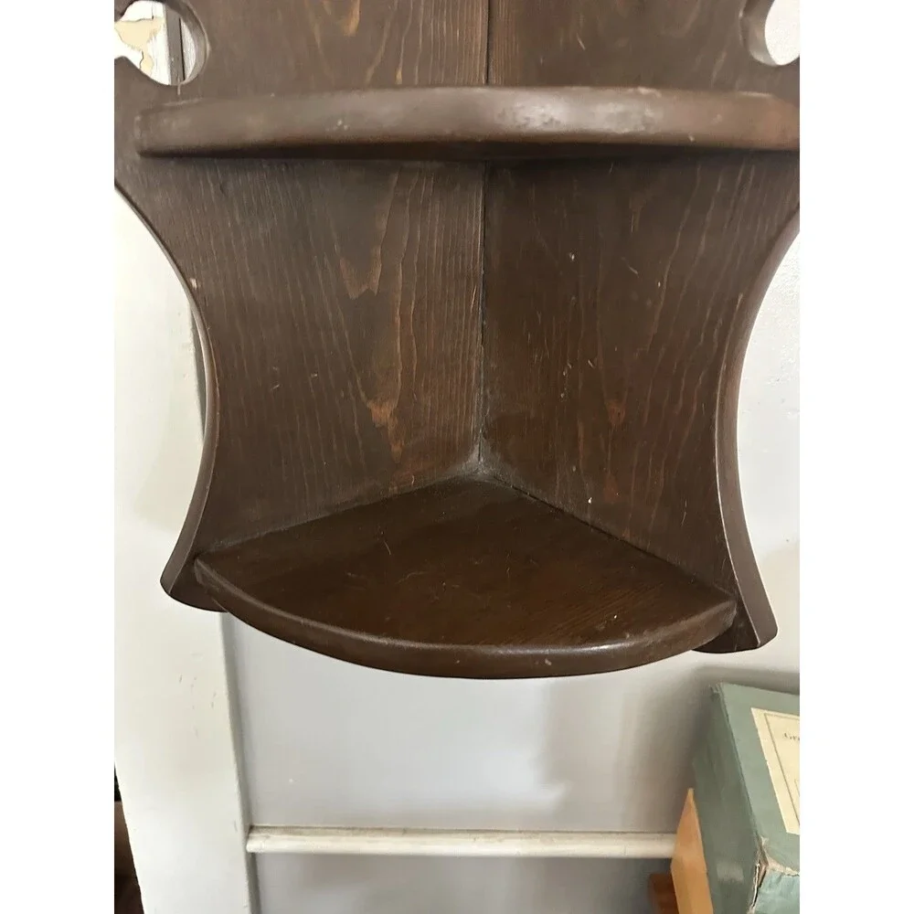 VTG Heavy Wooden Corner Shelf 3 Tiered Dark Stained Knick Knack Shelf